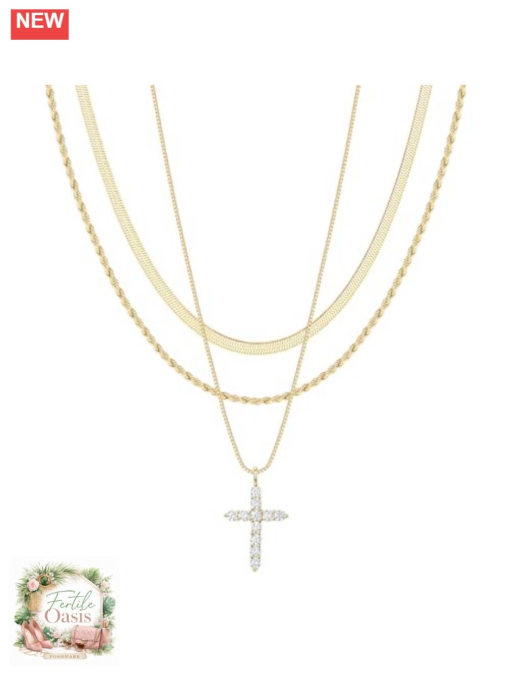 Layered Gold Plated Cross Necklace Set for Women, Adjustable, Hypoallergenic